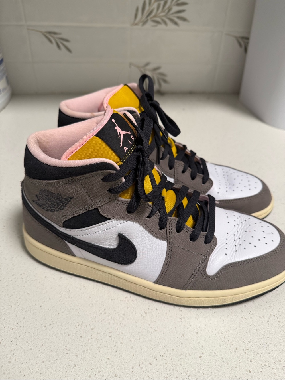 Jordan Mid Sneakers White Black Gray with Pink and Yellow Accents